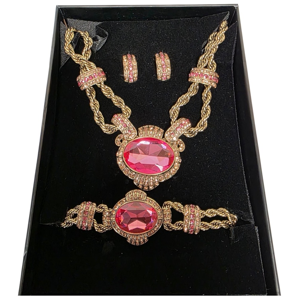 Heidi Daus Chain Of Events Pink Crystal Set Necklace Bracelet CLIP-ON Earrings - Picture 2 of 10